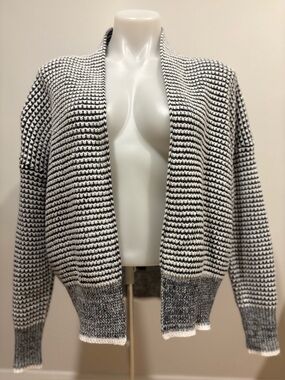 Open-Front Black and White Knit Cardigan Sweater